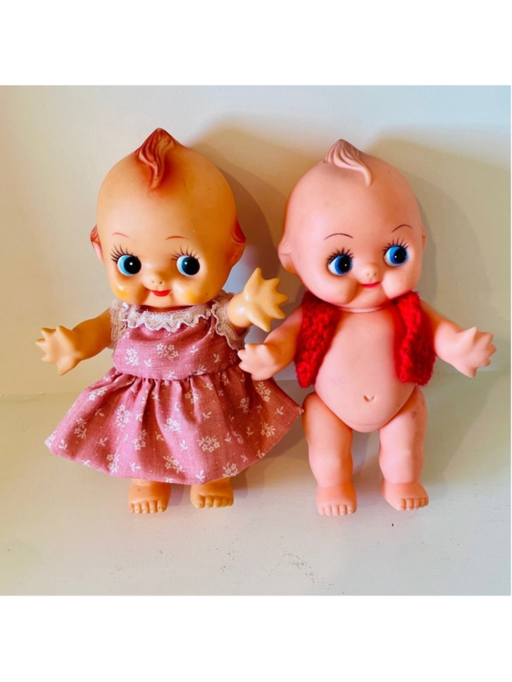 Kewpie Doll Pair Set of 2 Rubber Dolls Boy Girl 8" 60s vintage toy playtime